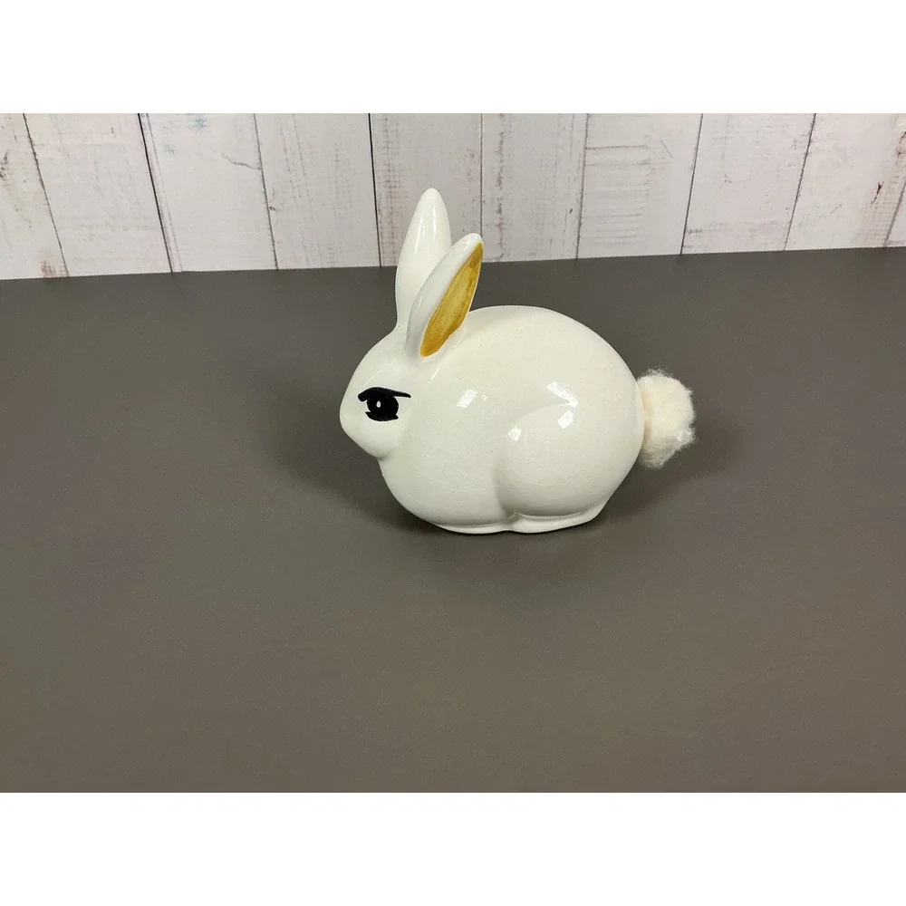 Vintage White Ceramic Bunny Rabbit Figurine Fluffy Tail Hand Painted Gold Ears